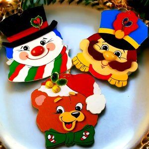 3-Vintage Christmas Wood Ornaments Palace Soldier Santa Bear & Frosty Snowman